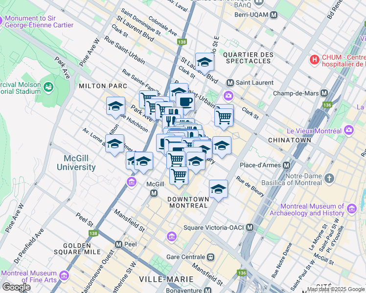 map of restaurants, bars, coffee shops, grocery stores, and more near 350 RÉSO Montréal souterrain in Montréal