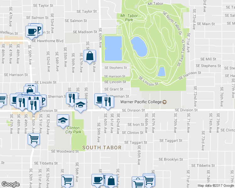 map of restaurants, bars, coffee shops, grocery stores, and more near 6217 Southeast Sherman Street in Portland
