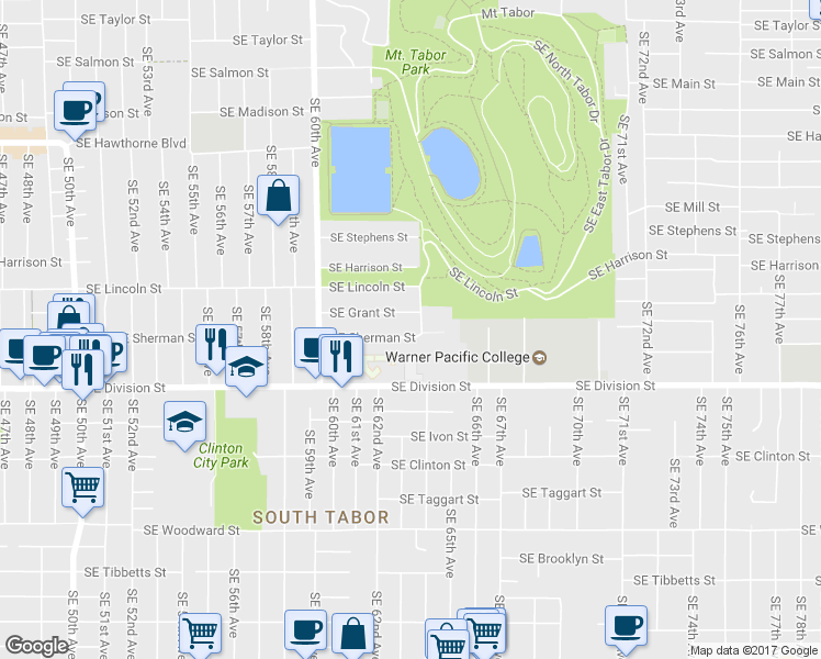 map of restaurants, bars, coffee shops, grocery stores, and more near 6335 Southeast Sherman Street in Portland
