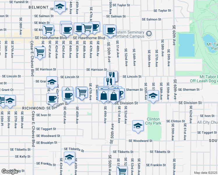 map of restaurants, bars, coffee shops, grocery stores, and more near 4917 Southeast Sherman Street in Portland