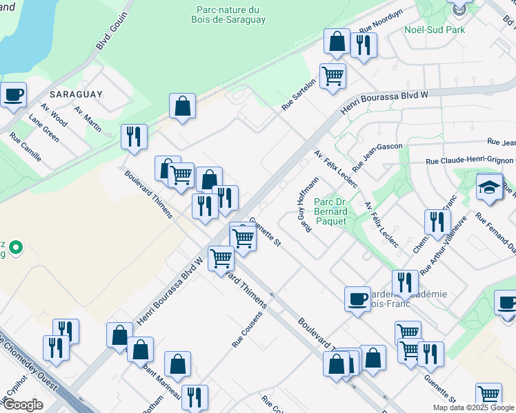 map of restaurants, bars, coffee shops, grocery stores, and more near 7584 Boulevard Henri Bourassa in Montréal