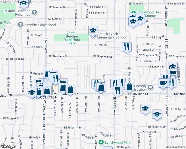 map of restaurants, bars, coffee shops, grocery stores, and more near 2135 SE 170th Ave in Portland
