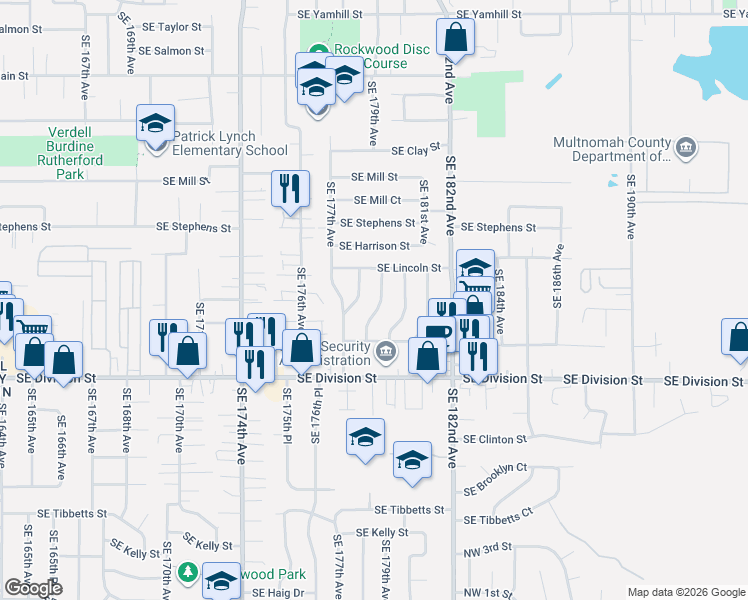 map of restaurants, bars, coffee shops, grocery stores, and more near 2137 Southeast 179th Avenue in Portland