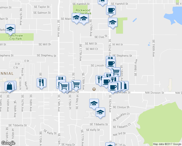 map of restaurants, bars, coffee shops, grocery stores, and more near 2137 Southeast 179th Avenue in Portland