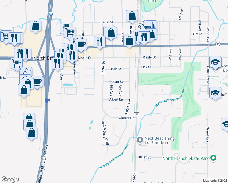 map of restaurants, bars, coffee shops, grocery stores, and more near 38525 9th Avenue in North Branch