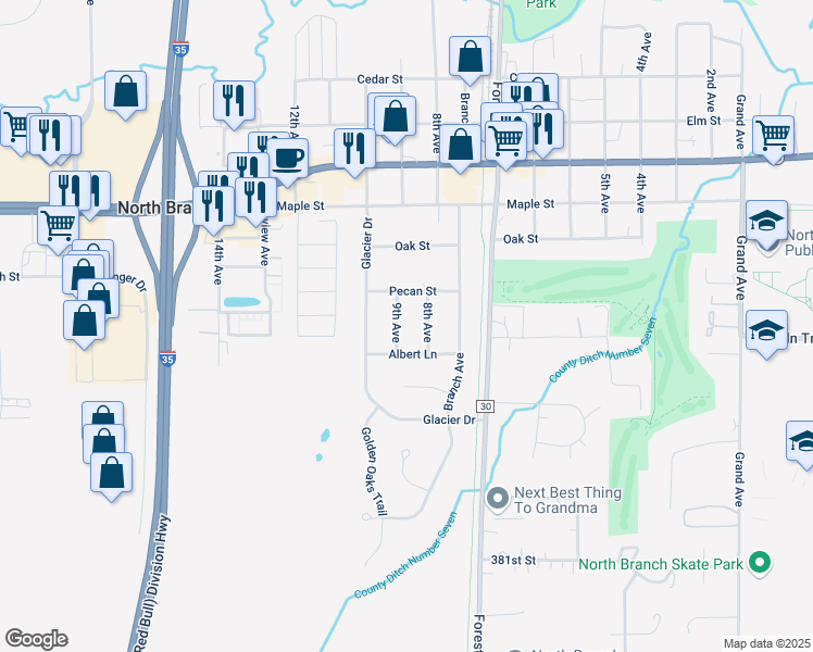 map of restaurants, bars, coffee shops, grocery stores, and more near 38525 9th Avenue in North Branch