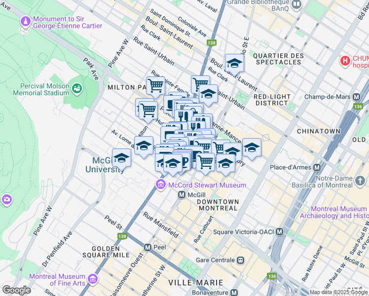 map of restaurants, bars, coffee shops, grocery stores, and more near in Montreal