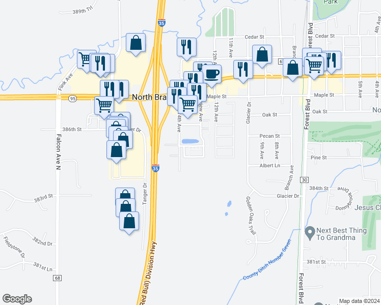 map of restaurants, bars, coffee shops, grocery stores, and more near 38558 Oakview Circle in North Branch
