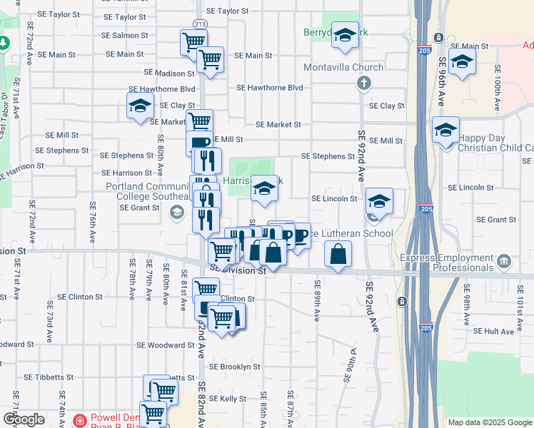 map of restaurants, bars, coffee shops, grocery stores, and more near 2225 Southeast 87th Avenue in Portland