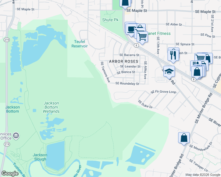 map of restaurants, bars, coffee shops, grocery stores, and more near 995 Southeast Fir Grove Loop in Hillsboro