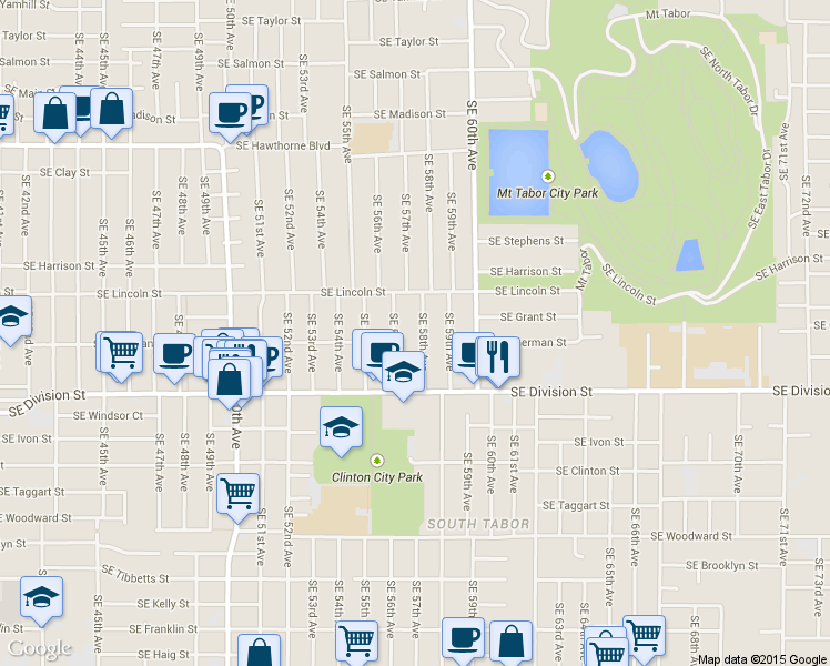 map of restaurants, bars, coffee shops, grocery stores, and more near 2225 Southeast 58th Avenue in Portland