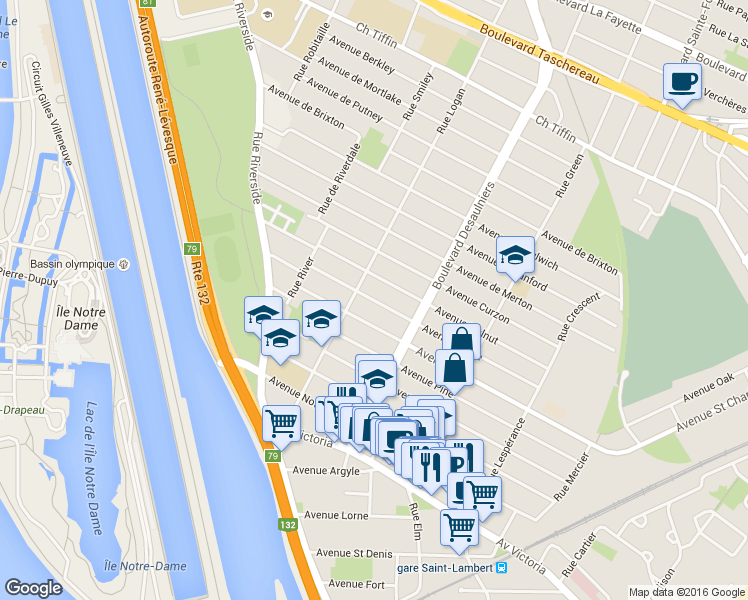 map of restaurants, bars, coffee shops, grocery stores, and more near 312 Avenue Maple in Saint-Lambert
