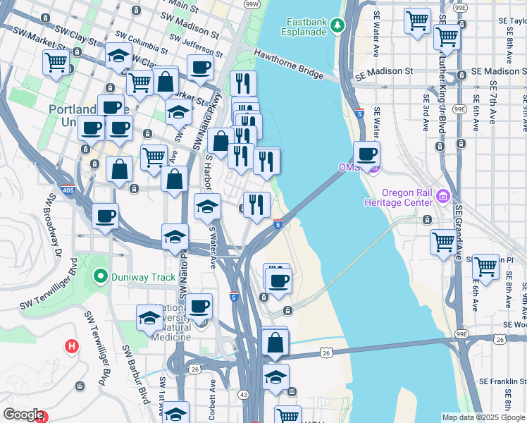 map of restaurants, bars, coffee shops, grocery stores, and more near 2100 Southwest River Parkway in Portland
