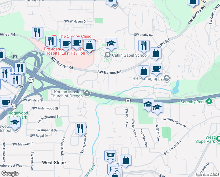 map of restaurants, bars, coffee shops, grocery stores, and more near 1750 Southwest 88th Avenue in Portland