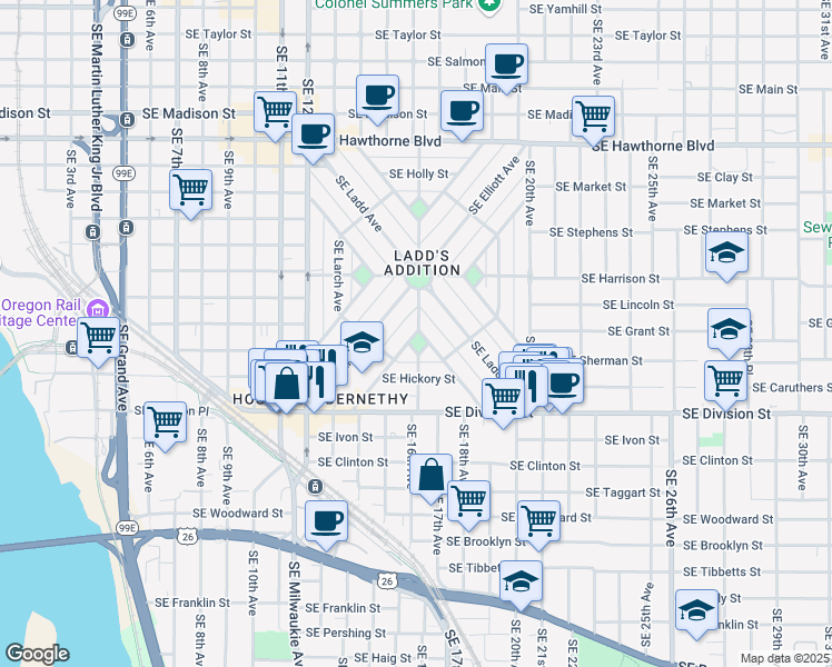 map of restaurants, bars, coffee shops, grocery stores, and more near 2124 Southeast Orange Avenue in Portland