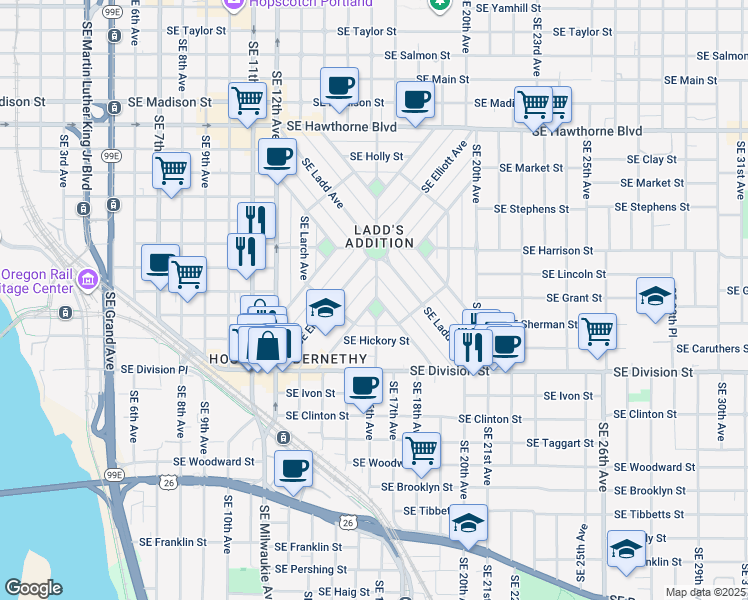 map of restaurants, bars, coffee shops, grocery stores, and more near 2124 Southeast Orange Avenue in Portland