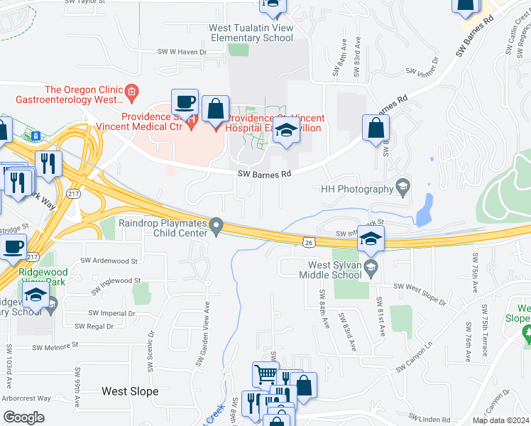 map of restaurants, bars, coffee shops, grocery stores, and more near 1750 Southwest 88th Avenue in Portland