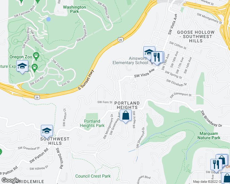map of restaurants, bars, coffee shops, grocery stores, and more near 2599 Southwest Montgomery Drive in Portland