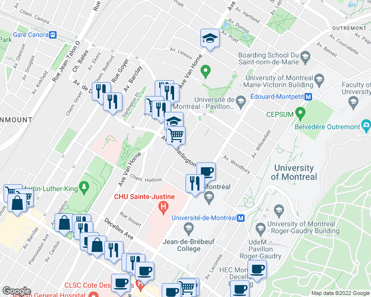 map of restaurants, bars, coffee shops, grocery stores, and more near 2716 Avenue de Soissons in Montréal