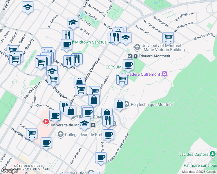 map of restaurants, bars, coffee shops, grocery stores, and more near 2435 Boulevard Édouard-Montpetit in Montréal