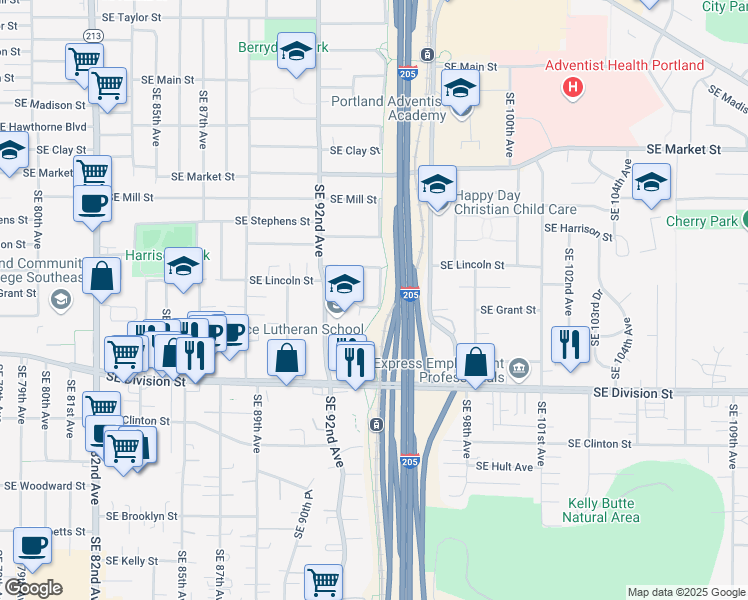 map of restaurants, bars, coffee shops, grocery stores, and more near 9385 Southeast Grant Street in Portland