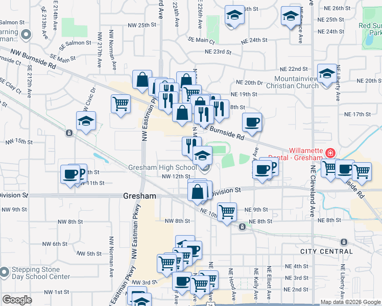 map of restaurants, bars, coffee shops, grocery stores, and more near 1331 North Main Avenue in Gresham