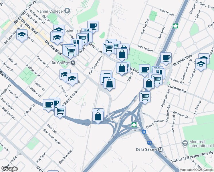 map of restaurants, bars, coffee shops, grocery stores, and more near in Montreal