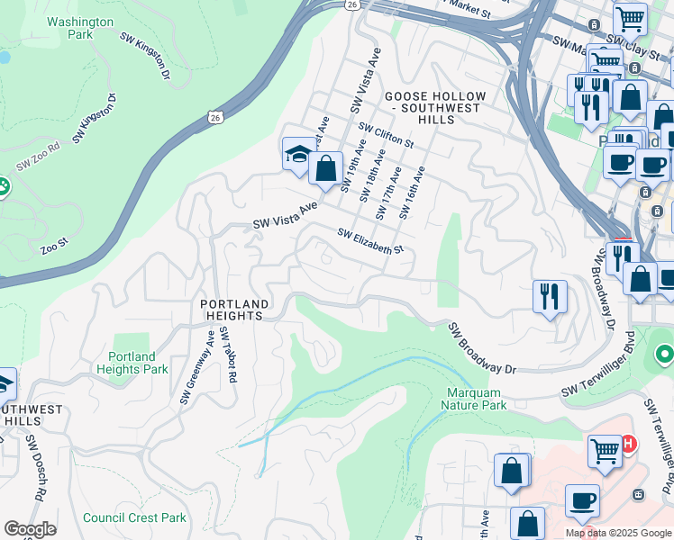 map of restaurants, bars, coffee shops, grocery stores, and more near 1755 Southwest High Street in Portland