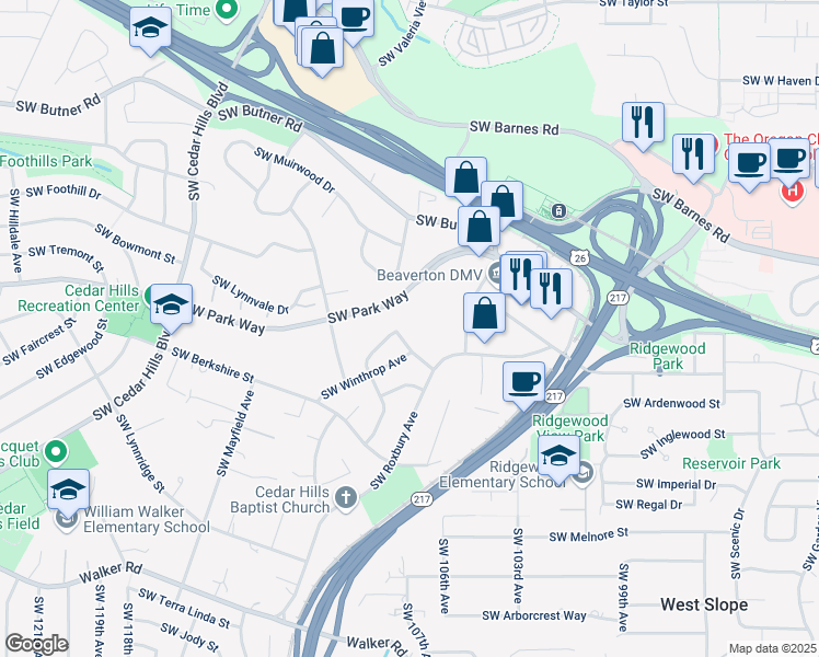 map of restaurants, bars, coffee shops, grocery stores, and more near 10775 Southwest Wedgewood Street in Portland