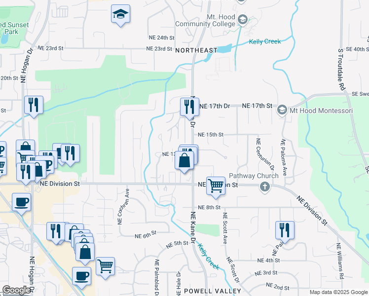 map of restaurants, bars, coffee shops, grocery stores, and more near 1304 Northeast Kane Drive in Gresham