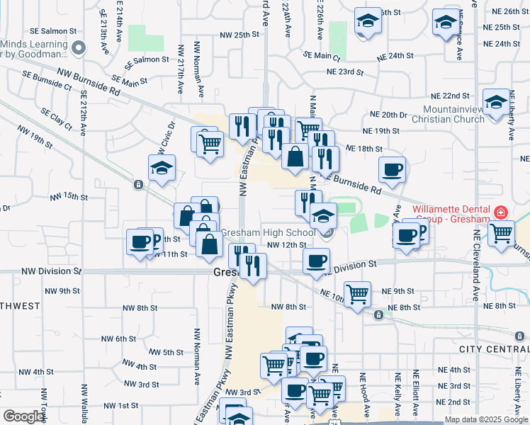 map of restaurants, bars, coffee shops, grocery stores, and more near 1325 Northwest Victoria Avenue in Gresham