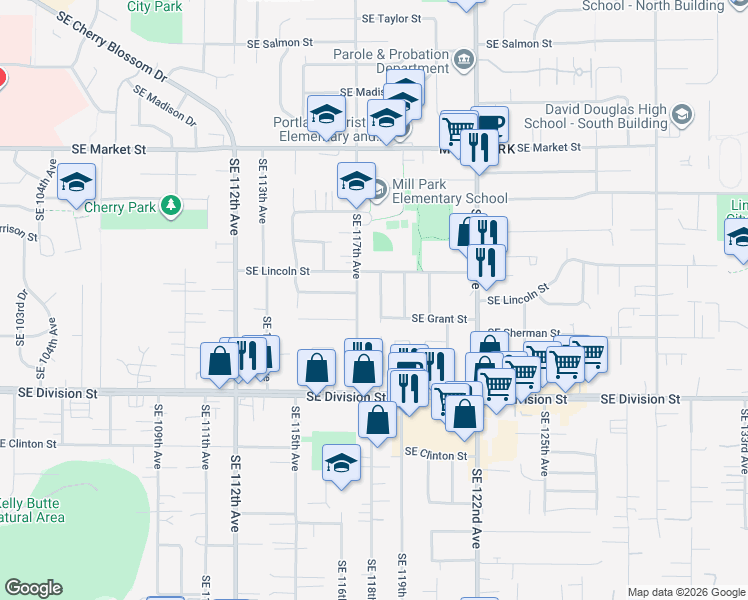 map of restaurants, bars, coffee shops, grocery stores, and more near 2156 Southeast 117th Avenue in Portland