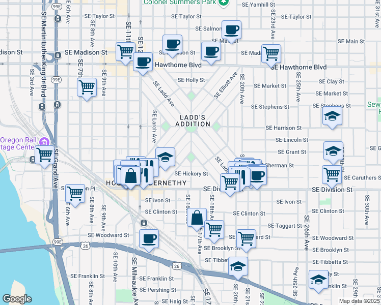 map of restaurants, bars, coffee shops, grocery stores, and more near 2118 Southeast Tamarack Avenue in Portland