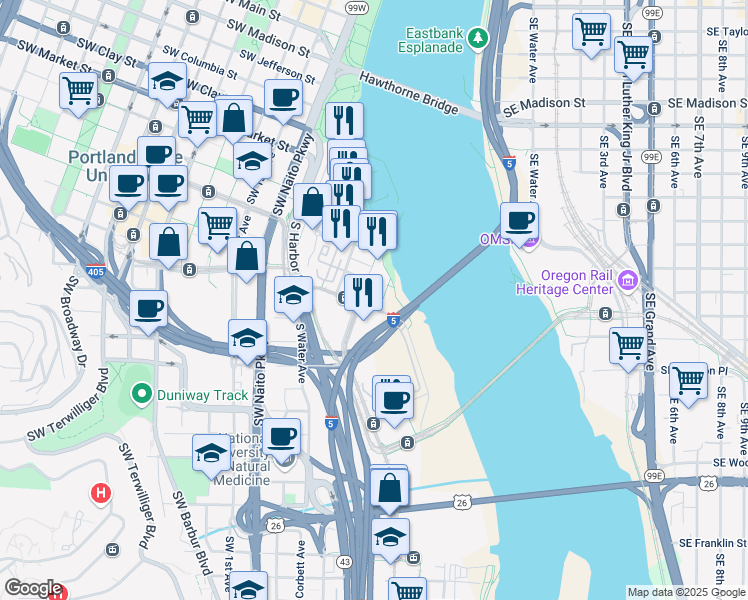 map of restaurants, bars, coffee shops, grocery stores, and more near 2100 South River Parkway in Portland