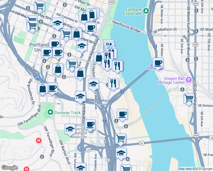 map of restaurants, bars, coffee shops, grocery stores, and more near 2095 South River Parkway in Portland
