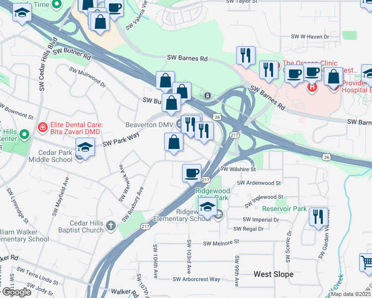 map of restaurants, bars, coffee shops, grocery stores, and more near 10010 SW Wilshire St in Portland