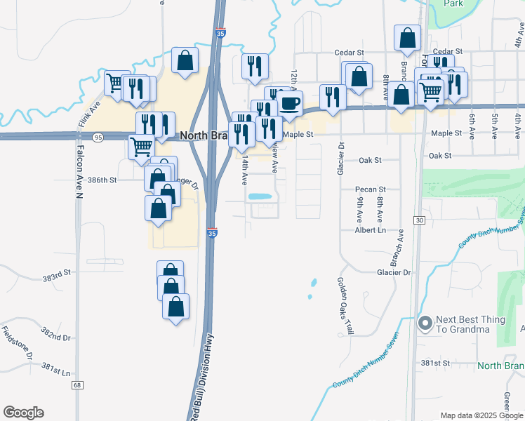 map of restaurants, bars, coffee shops, grocery stores, and more near 38558 Oakview Circle in North Branch