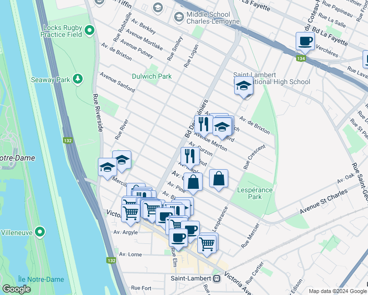 map of restaurants, bars, coffee shops, grocery stores, and more near 365 Boulevard Desaulniers in Saint-Lambert