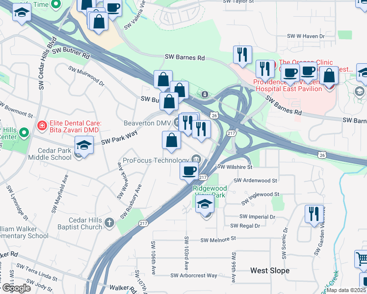 map of restaurants, bars, coffee shops, grocery stores, and more near 10010 SW Wilshire St in Portland