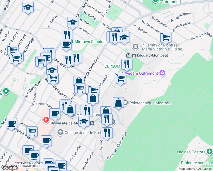 map of restaurants, bars, coffee shops, grocery stores, and more near 2435 Edouard Montpetit Boulevard in Montreal