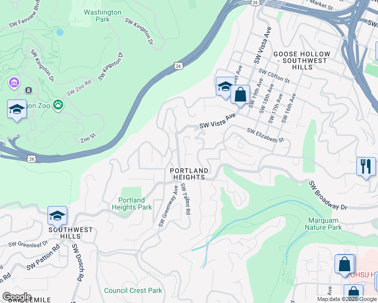 map of restaurants, bars, coffee shops, grocery stores, and more near 2640 Southwest Georgian Place in Portland
