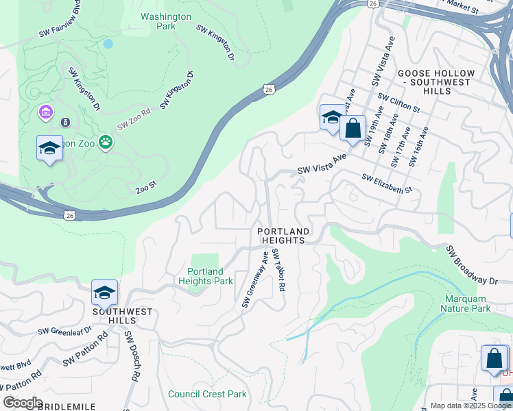 map of restaurants, bars, coffee shops, grocery stores, and more near 2599 Southwest Montgomery Drive in Portland