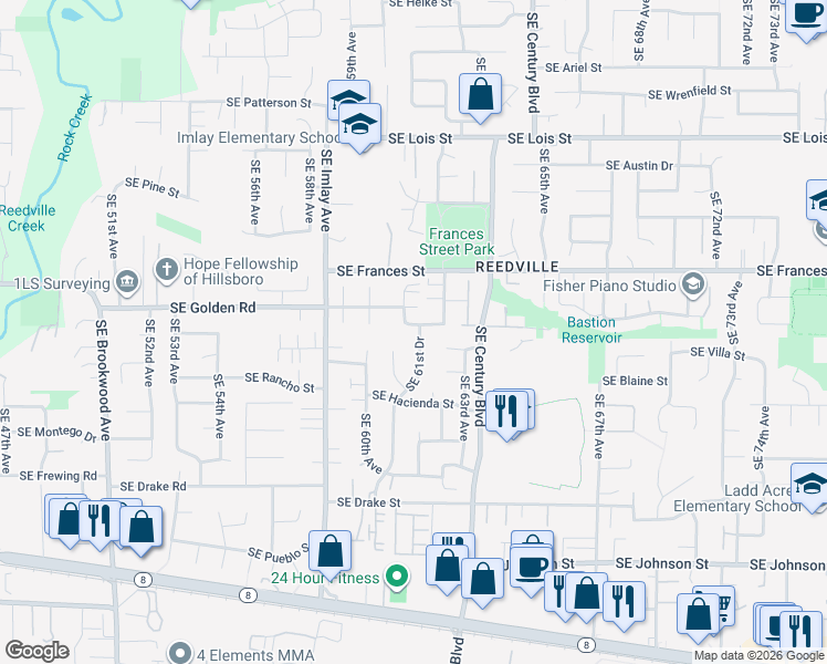 map of restaurants, bars, coffee shops, grocery stores, and more near 6116 Southeast Golden Street in Hillsboro