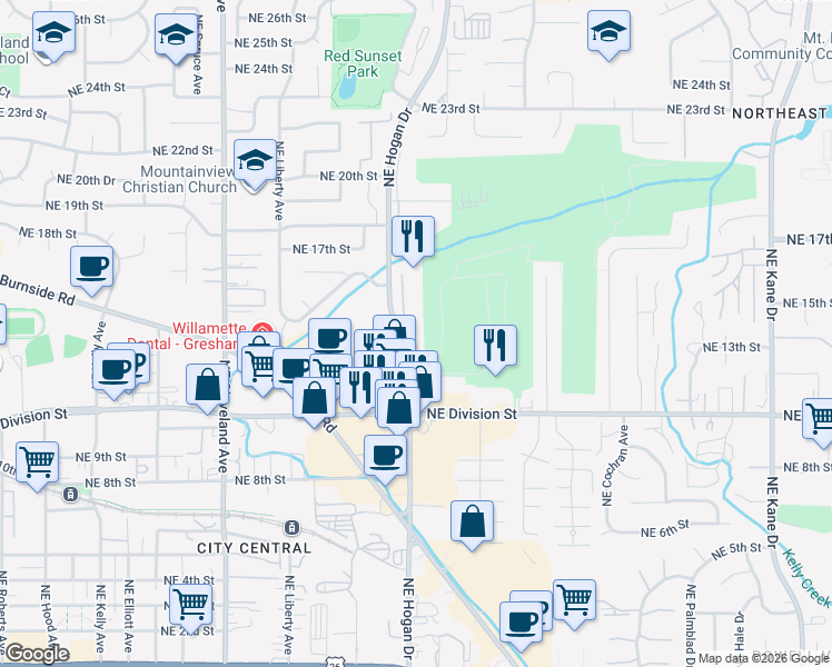 map of restaurants, bars, coffee shops, grocery stores, and more near 1322 Northeast Hogan Drive in Gresham