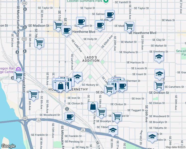 map of restaurants, bars, coffee shops, grocery stores, and more near 2118 Southeast Tamarack Avenue in Portland
