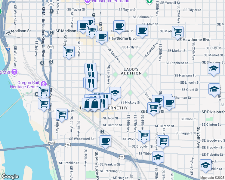map of restaurants, bars, coffee shops, grocery stores, and more near 1332 Southeast Birch Street in Portland