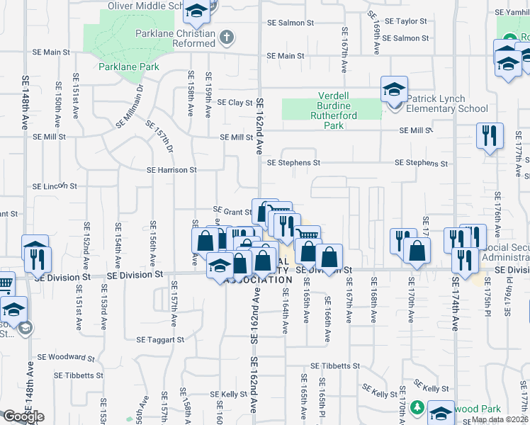 map of restaurants, bars, coffee shops, grocery stores, and more near 2126 Southeast 162nd Avenue in Portland