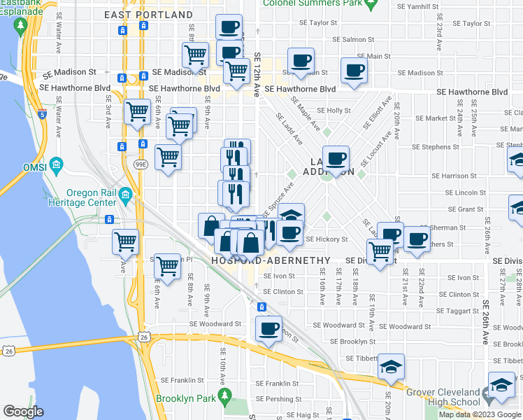 map of restaurants, bars, coffee shops, grocery stores, and more near 2212 Southeast 12th Avenue in Portland