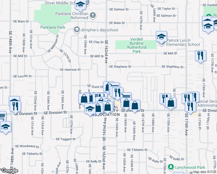 map of restaurants, bars, coffee shops, grocery stores, and more near 16226 Southeast Lincoln Street in Portland