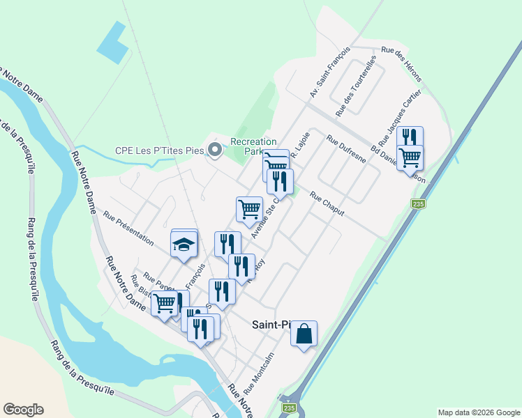 map of restaurants, bars, coffee shops, grocery stores, and more near 119 Avenue Ste Cécile in Saint-Pie